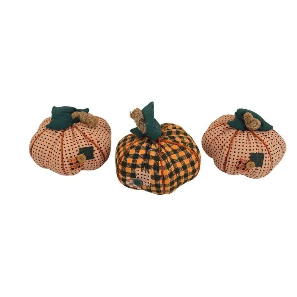 Primitive Fabric Pumpkins Set Of 3 With Polka Dot Plaid Patchwork Orange